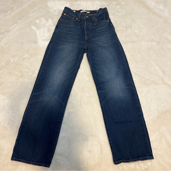 Levi's Premium High Rise Ribcage Straight Leg Dark Wash Denim Jeans Size 24 - Picture 2 of 13
